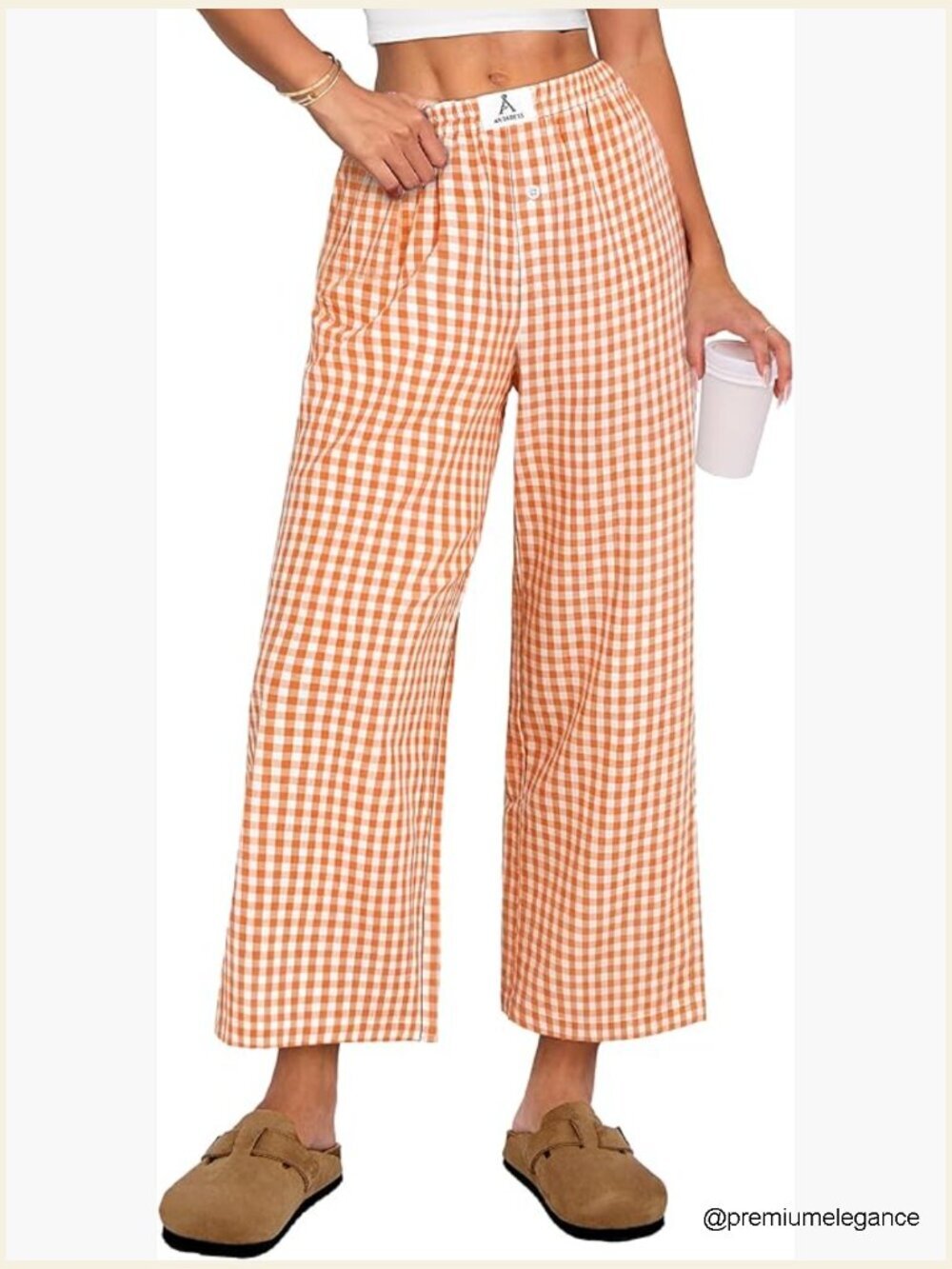 Gingam Palazzo Lounge Pajama Pants Wide Leg Cropped Bottoms with Pockets